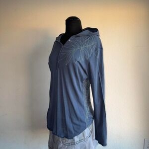 Vintage Y2K Gap Blue Hooded Womens Pullover Henley Button Down Long Sleeve Top